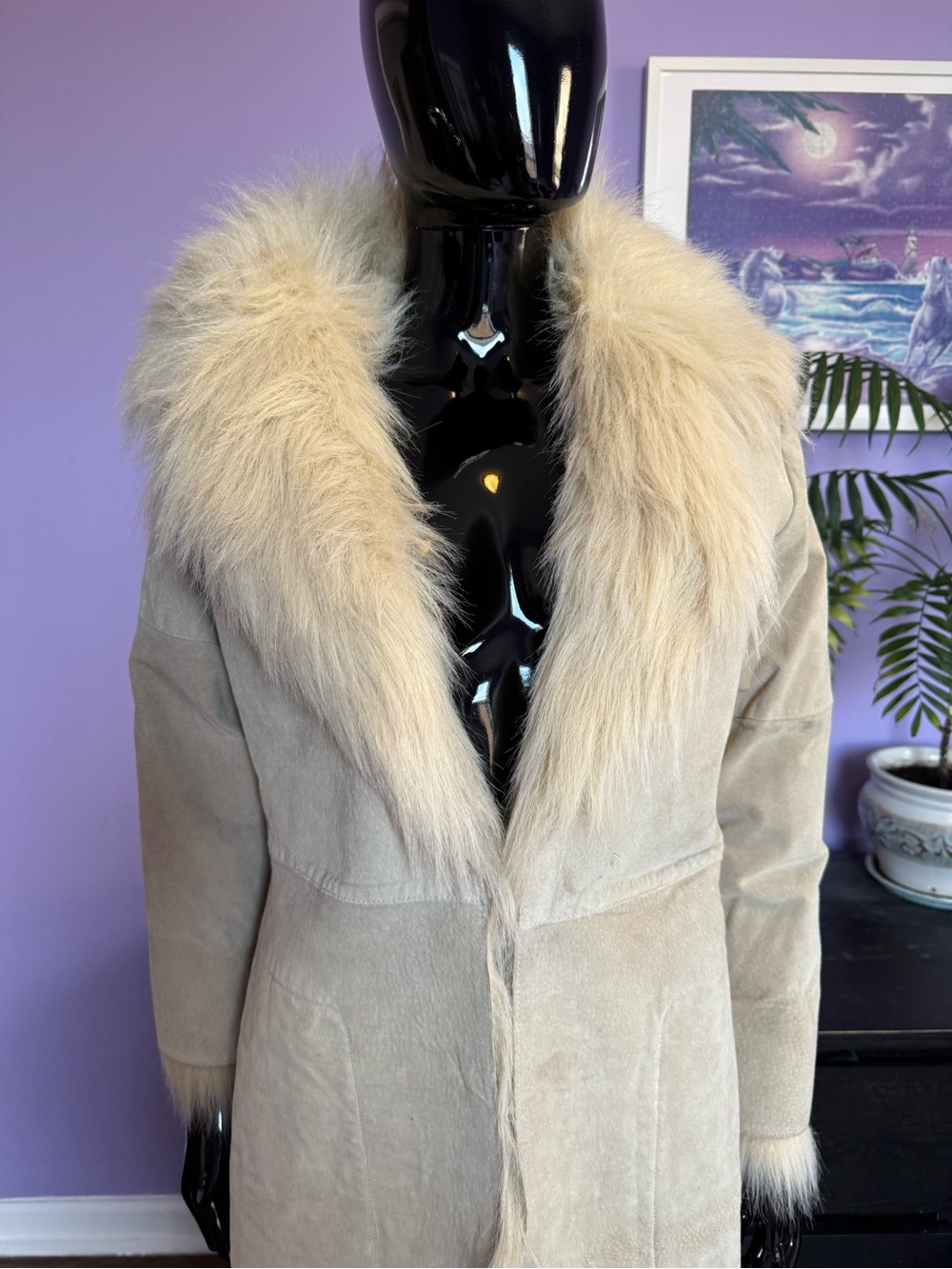 Ivory sheepskin shearling fur coat leather faux fur trim size small - Picture 2 of 16